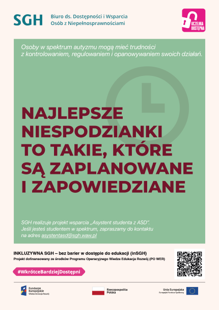 Infografika z brązowym tekstem na zielonym tle: Osoby w spektrum autyzmu mogą mieć trudności w sferze komunikacji interpersonalnej  „Small talk – wielki problem”  SGH realizuje projekt wsparcia „Asystent studenta z ASD”. Jeśli jesteś studentem w spektrum, zapraszamy do kontaktu na adres asystentasd@sgh.waw.pl