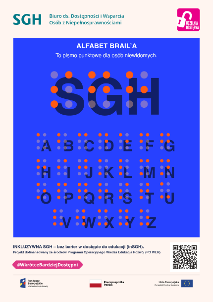 Akronim SGH przedstawiony w postaci alfabetu Braille’a. Pomarańczowe znaki na niebieskim tle. Alfabet Braille’a to pismo punktowe dla osób niewidomych Inkluzywna SGH – bez barier w dostępie do edukacji (inSGH), projekt dofinansowany ze środków Programu Operacyjnego Wiedza Edukacja Rozwój (PO WER) #WkrótceBardziejDostępni