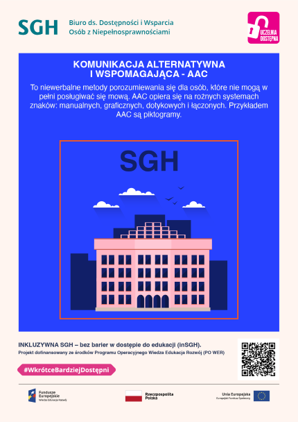 Piktogram z budynkiem SGH. Komunikacja alternatywna i wspomagająca AAC to niewerbalne metody porozumiewania się dla osób, które nie mogą w pełni posługiwać się mową. AAC opiera się na rożnych systemach znaków: manualnych, graficznych, dotykowych i łączonych. Przykładem AAC są piktogramy.   Inkluzywna SGH – bez barier w dostępie do edukacji (inSGH), projekt dofinansowany ze środków Programu Operacyjnego Wiedza Edukacja Rozwój (PO WER) #WkrótceBardziejDostępni