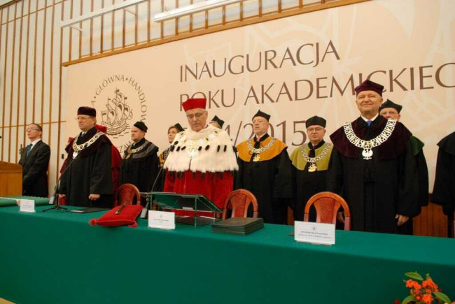 Inauguracja roku akademickiego 2014/2015. Na zdjęciu profesorowie: Piotr Ostaszewski – prorektor, Tomasz Szapiro – rektor, Marek Gruszczyński – prorektor