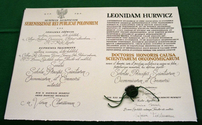 Dyplom doktora honoris causa prof. Leonida Hurwicza