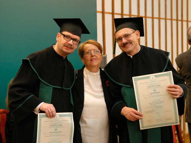 Święto SGH, 9 kwietnia 2014 roku, prof. Maria Romanowska z dr. hab. Piotrem Wachowiakiem i dr. hab. Mirosławem Jarosińskim