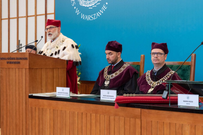 Święto SGH, 9 maja 2019 roku. Na zdjęciu: rektor prof. Marek Rocki,​ prof. ​Krzysztof Kozłowski prorektor ds. dydaktyki i studentów​, prof. Piotr Wachowiak prorektor ds. nauki i zarządzania