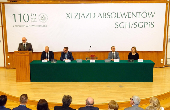 Uroczystość otwarcia XI Zjazdu Absolwentów SGH/SGPiS  ​Od lewej: rektor SGH prof. Marek Rocki, prof. Krzysztof Kozłowski, prof. Piotr Wachowiak, prof. Jacek Prokop i prof. Hanna Godlewska-Majkowska