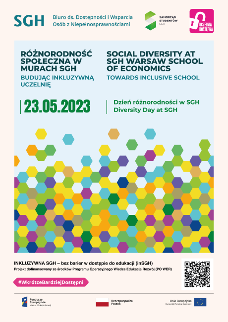 Kolorowa grafika na bazie wielu, małych kół, z napisami: Różnorodność społeczna w murach SGH/Social Diversity at SGH Warsaw School of Economics Budując inkluzywną uczelnię/Towards inclusive school  23 maja 2023  Dzień różnorodności w SGH  May 23, 2023 Diversity Day at SGH