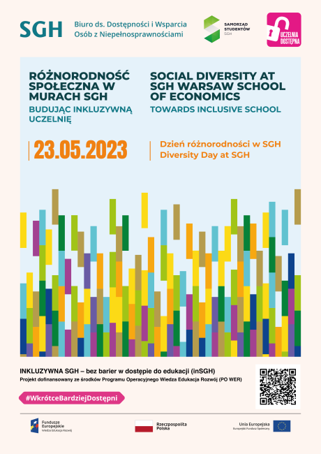 Kolorowa grafika na bazie wielu, małych pasków, z napisami: Różnorodność społeczna w murach SGH/Social Diversity at SGH Warsaw School of Economics Budując inkluzywną uczelnię/Towards inclusive school  23 maja 2023  Dzień różnorodności w SGH  May 23, 2023 Diversity Day at SGH