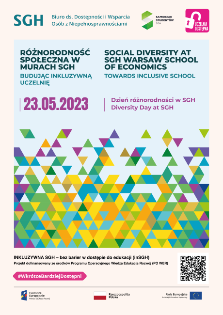 Kolorowa grafika na bazie wielu, małych trójkontów , z napisami: Różnorodność społeczna w murach SGH/Social Diversity at SGH Warsaw School of Economics Budując inkluzywną uczelnię/Towards inclusive school  23 maja 2023  Dzień różnorodności w SGH  May 23, 2023 Diversity Day at SGH