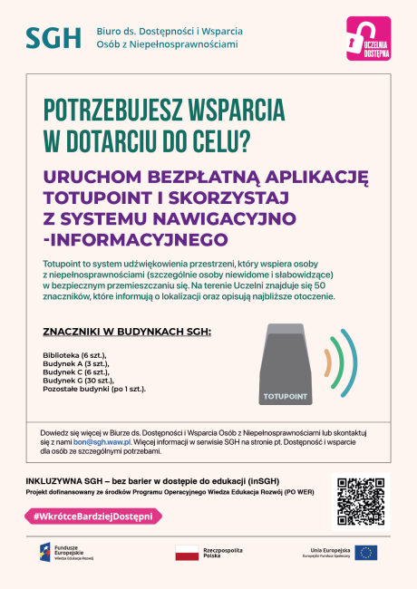 Kolorowe napisy na białym tle i rysunek znacznika totupoint. Tekst: POTRZEBUJESZ WSPARCIA W DOTARCIU DO CELU?  URUCHOM BEZPŁATNĄ APLIKACJĘ TOTUPOINT I SKORZYSTAJ Z SYSTEMU NAWIGACYJNO-INFORMACYJNEGO. Totupoint to system udźwiękowienia przestrzeni, który wspiera osoby z niepełnosprawnościami (szczególnie osoby niewidome i słabowidzące) w bezpiecznym przemieszczaniu się. Na terenie Uczelni znajduje się 50 znaczników), które informują o lokalizacji oraz opisują najbliższe otoczenie.