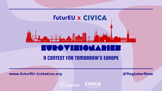 futurEU x CIVICA. Eurovisionaries. A contest for tomorrow's Europe. www.futurEU-initiative.org. #registernow. CIVICA logo & futurEU logo.