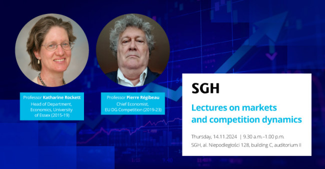 SGH Logo; Lectures on markets and competition dynamics. Thursday, 14.11.2024; 9.30 am-1 p.m.; SGH, al. Niepodległości 128, building C, auditorium II
