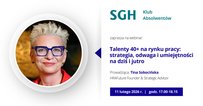 Grafika z informacjami o webinarze "Talenty 40+ na rynku pracy..." wraz z logo Klubu Partnerów i zdjęciem twarzy osoby prowadzącej.