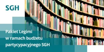 grafika z napisem Pakiet Legimi w ramach budżetu partycypacyjnego SGH, w tle półki z książkami